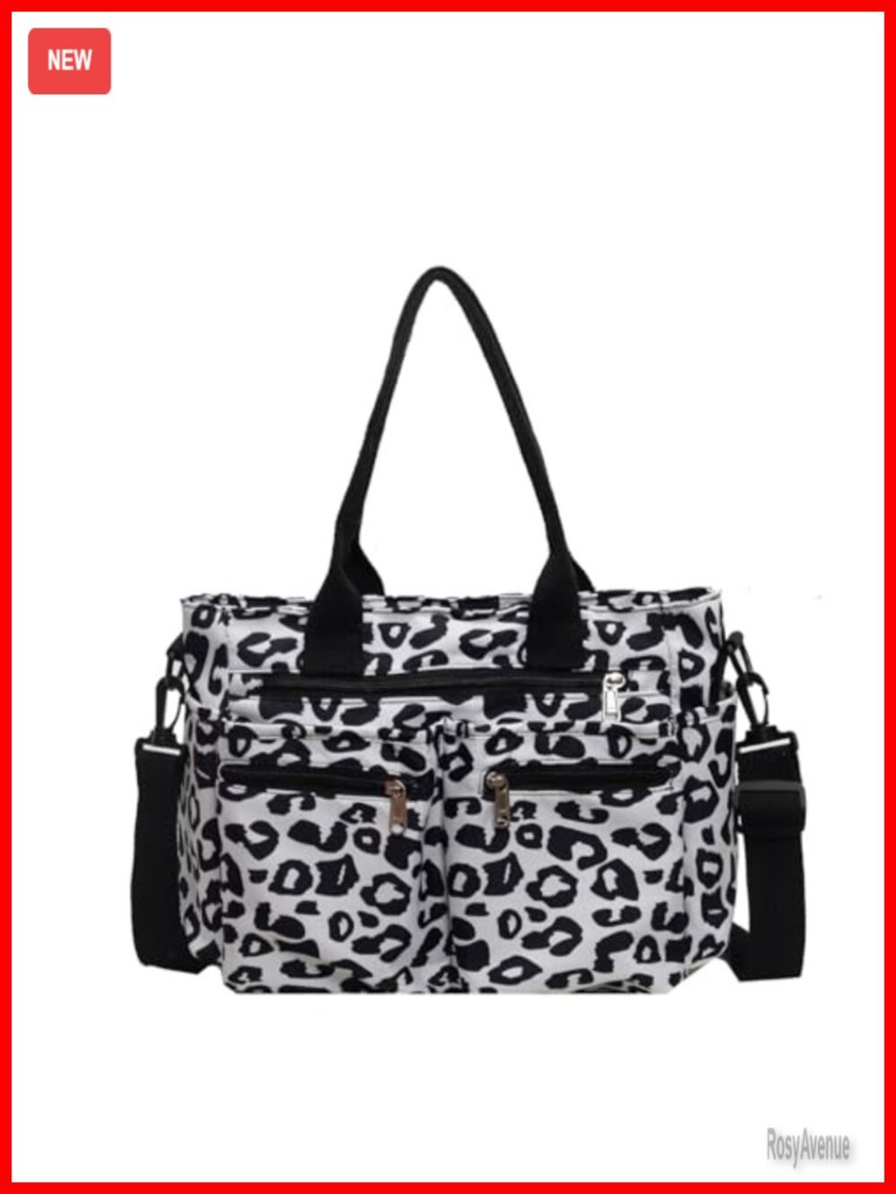 Leopard Print Canvas Tote Bag with Multiple Pockets Adjustable Strap